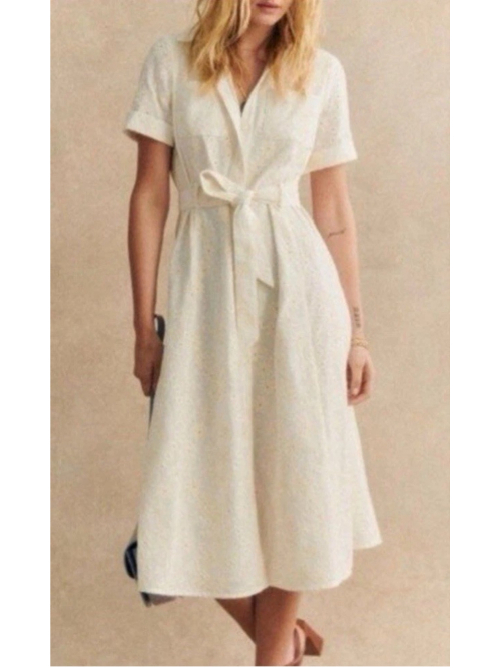 Sezane Adele Short Sleeve Embroidered Midi Dress Eyelet Collar Ecru FR 36 US 4